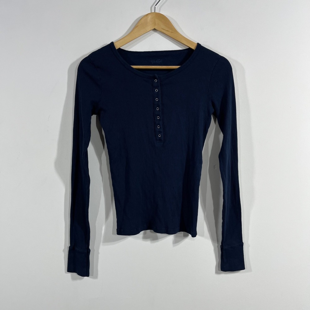 John Galt Granola Sporty Navy‎ Blue Ribbed Henley Top Womens Medium Preppy Y2K